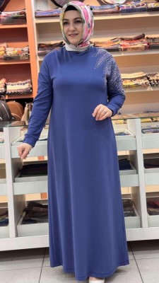 Omzu Taş Detaylı Elbise Mavi/251318 - Thumbnail