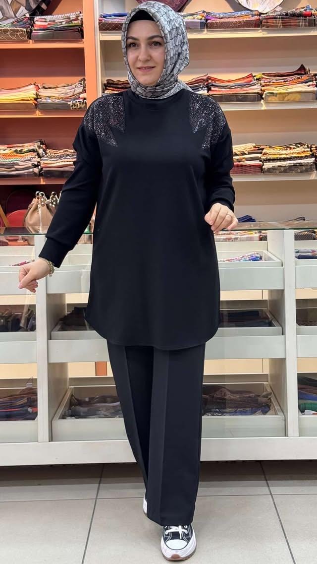 inza moda - Omzu Taş Detaylı Tunik Siyah/0059