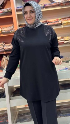 Omzu Taş Detaylı Tunik Siyah/0059 - Thumbnail