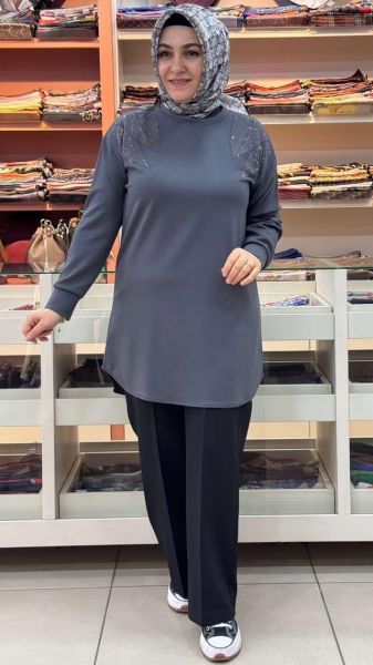 Omzu Taş Detaylı Tunik Gri/0059