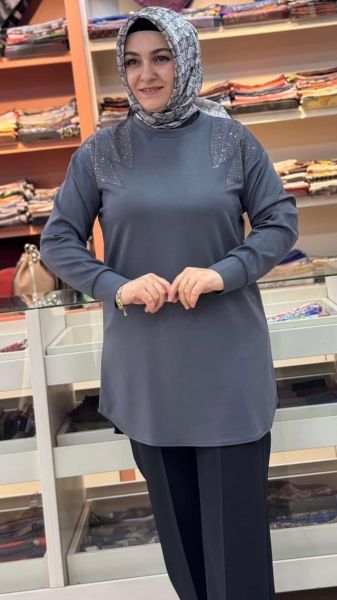 Omzu Taş Detaylı Tunik Gri/0059