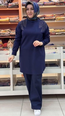 inza moda - Omzu Taş Detaylı Tunik Lacivert/0059