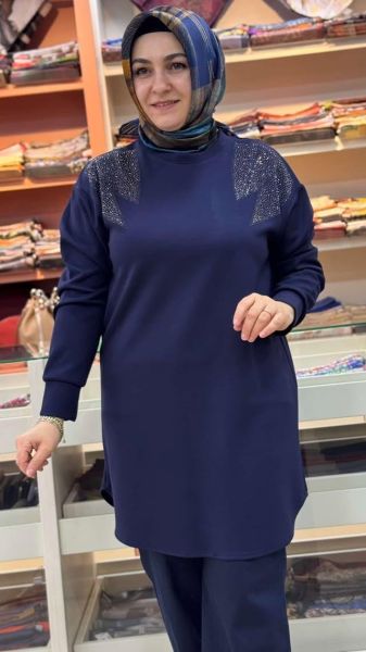 Omzu Taş Detaylı Tunik Lacivert/0059