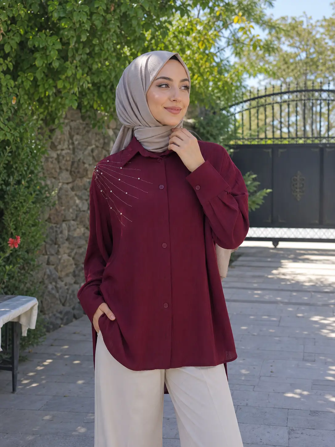 İnza Moda - Omzu Taşlı Tunik Bordo/8760 