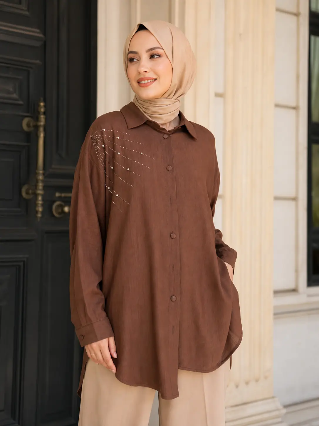 GÜNER - Omzu Taşlı Tunik Kahverengi/8760