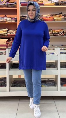 Kado - Omzu Ve Eteği Taşlı Düğme Detaylı Sweat Tunik Saks/251075