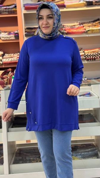 Omzu Ve Eteği Taşlı Düğme Detaylı Sweat Tunik Saks/251075