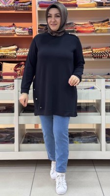 Kado - Omzu Ve Eteği Taşlı Düğme Detaylı Sweat Tunik Siyah/251075