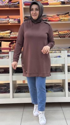 Kado - Omzu Ve Eteği Taşlı Düğme Detaylı Sweat Tunik Kahve/251075