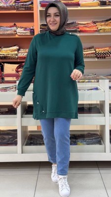 Kado - Omzu Ve Eteği Taşlı Düğme Detaylı Sweat Tunik Zümrüt/251075