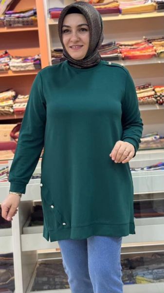 Omzu Ve Eteği Taşlı Düğme Detaylı Sweat Tunik Zümrüt/251075