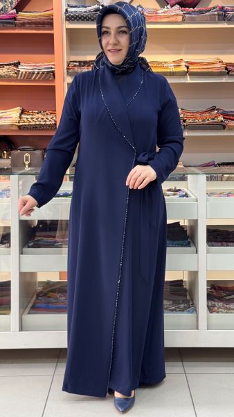 Önü Bağlamalı Ve Boncuk Detaylı Ferace Lacivert/26024