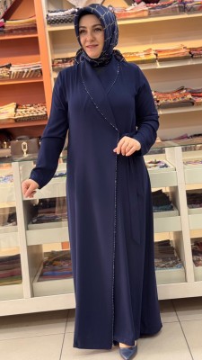 Önü Bağlamalı Ve Boncuk Detaylı Ferace Lacivert/26024 - Thumbnail