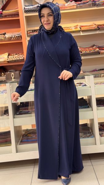 Önü Bağlamalı Ve Boncuk Detaylı Ferace Lacivert/26024