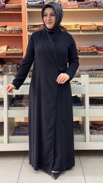 Önü Bağlamalı Ve Boncuk Detaylı Ferace Siyah/26024