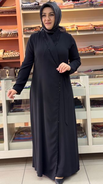 Önü Bağlamalı Ve Boncuk Detaylı Ferace Siyah/26024