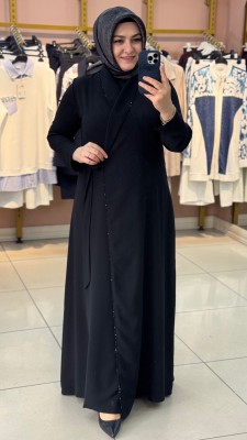 Önü Bağlamalı Ve Boncuk Detaylı Ferace Siyah/26024 - Thumbnail