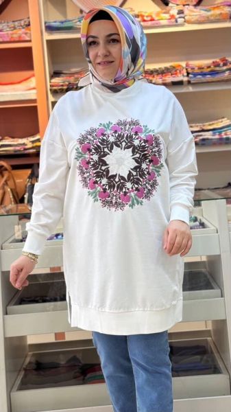 Önü Çiçek Nakışlı Tunik Ekru/10668