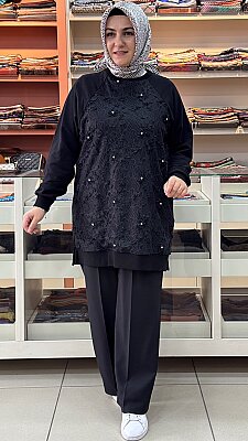 Puane - Önü Dantel Detaylı Tunik Siyah /10823