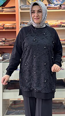 Önü Dantel Detaylı Tunik Siyah /10823 - Thumbnail