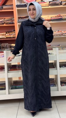 Önü Desenli Dik Yaka Ferace Siyah/9009 - Thumbnail