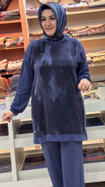 Önü Desenli Düğme Detaylı Takım Lacivert / 120375