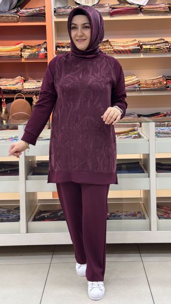 Önü Desenli Yırtmaçlı Pantolonlu Takım Bordo/1884