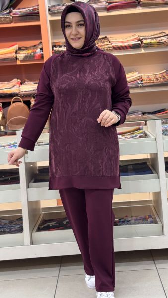 Önü Desenli Yırtmaçlı Pantolonlu Takım Bordo/1884