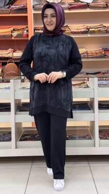 Önü Desenli Yırtmaçlı Pantolonlu Takım Sİyah/1884 - Thumbnail