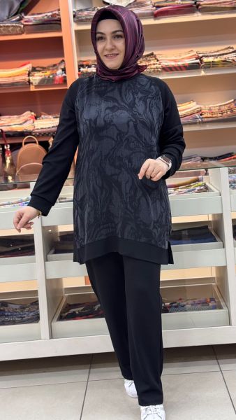 Önü Desenli Yırtmaçlı Pantolonlu Takım Sİyah/1884