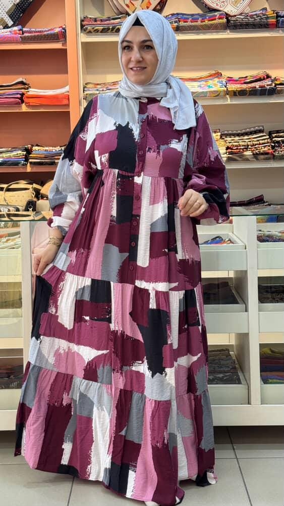  - Önü Düğmeli Elbise Bordo/5617