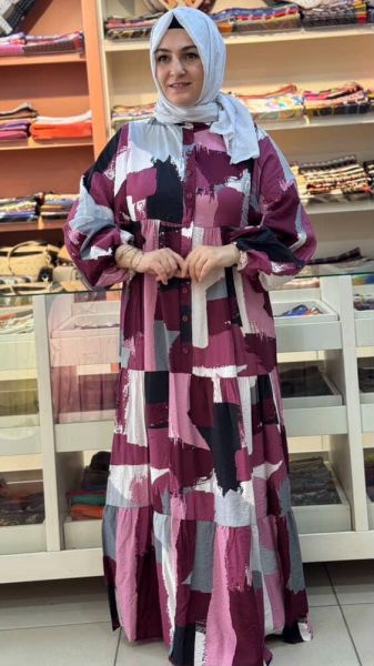 Önü Düğmeli Elbise Bordo/5617