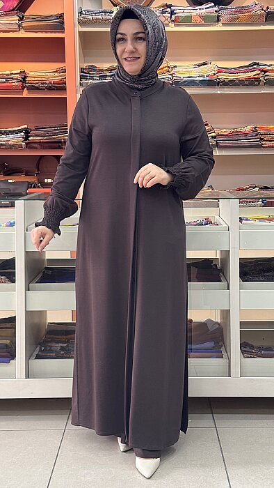 Önü Gizli Düğmeli Kolu Lastikli Uzun Basic Takım Kahve/268252