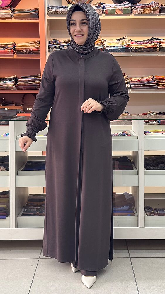 Önü Gizli Düğmeli Kolu Lastikli Uzun Basic Takım Kahve/268252 - 1