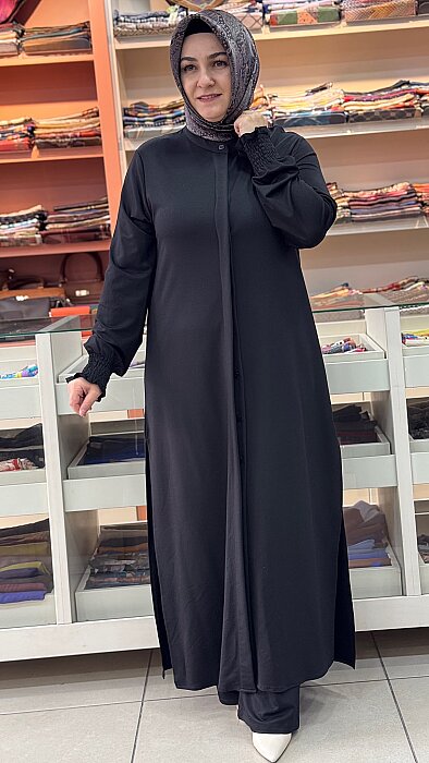 Önü Gizli Düğmeli Kolu Lastikli Uzun Basic Takım Siyah/268252 - 2