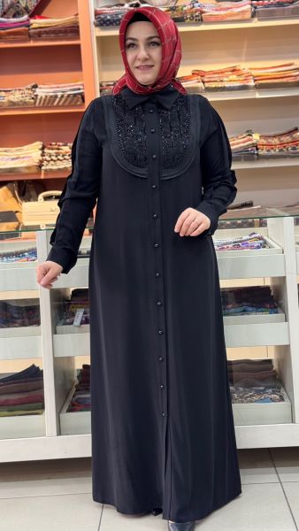 Önü Güpür Ve Boncuk Detaylı Elbise Siyah/26026