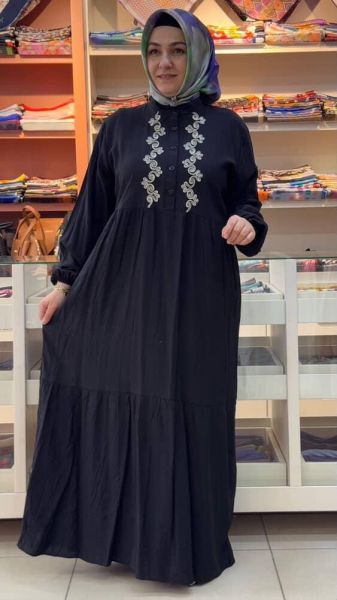 Önü Nakışlı Elbise Siyah/7040