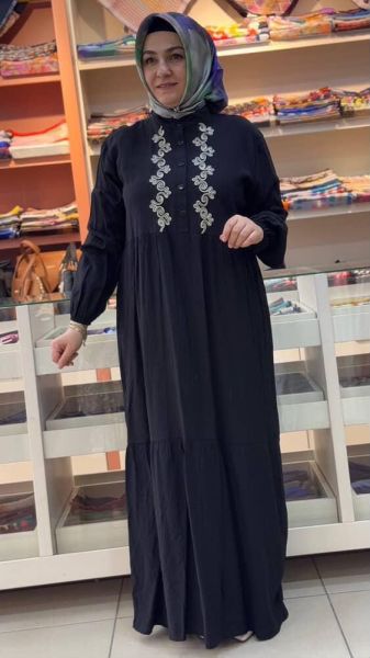 Önü Nakışlı Elbise Siyah/7040
