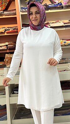 Önü Şifon Uzun Kollu Tunik Ekru/3127 - Thumbnail