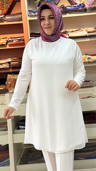 Önü Şifon Uzun Kollu Tunik Ekru/3127 