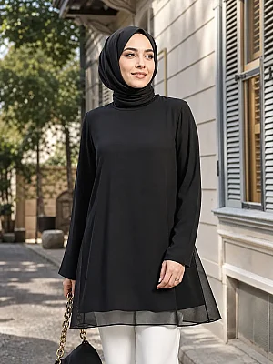 Şura - Önü Şifon Uzun Kollu Tunik Siyah/3127