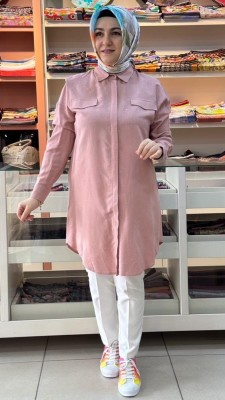 Selam - Önü Taş Detaylı Çizgili Tunik Pudra/630