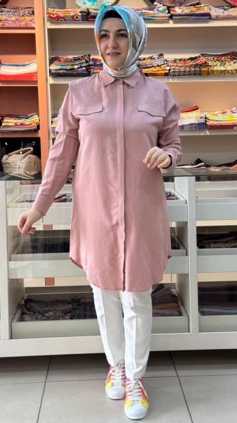 Önü Taş Detaylı Çizgili Tunik Pudra/630
