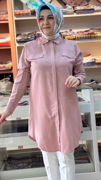Önü Taş Detaylı Çizgili Tunik Pudra/630
