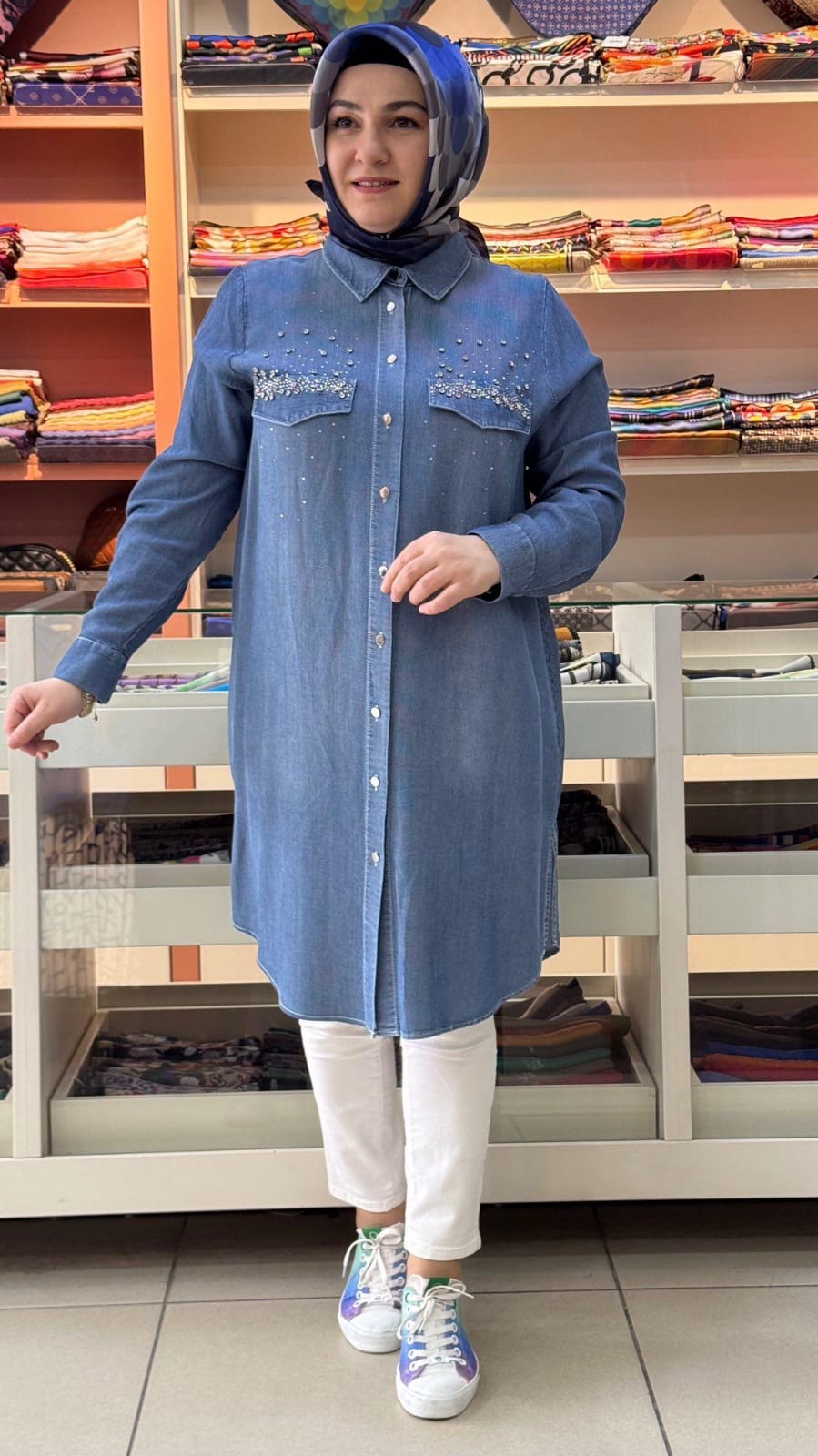 FAMELİN - Önü Taş Detaylı Fitilli Kot Tunik Mavi/50299