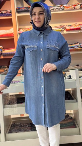 Önü Taş Detaylı Fitilli Kot Tunik Mavi/50299