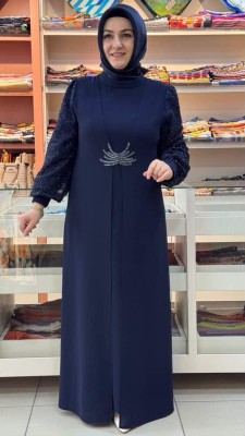 Gaze - Önü Taş İşlemeli Kolları Boncuk Detaylı Abiye Lacivert/5099