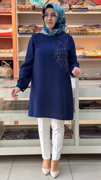 Önü Taş İşlemeli Tunik Saks/2504