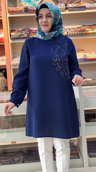 Önü Taş İşlemeli Tunik Saks/2504