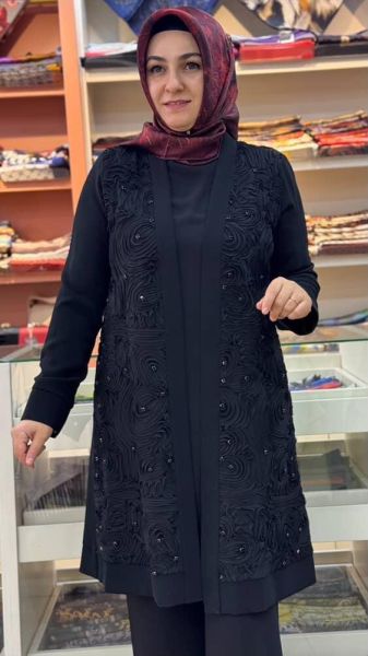 Önü Tül Detaylı Hırka Siyah/1565